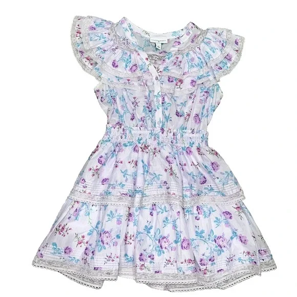 Love Shack Fancy Mini Dress cotton Y2K Purple Floral Ruffle Tiered Small A004723 - Picture 2 of 9